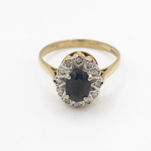 204 - 9ct gold sapphire and diamond halo setting ring (2.1g) Size M