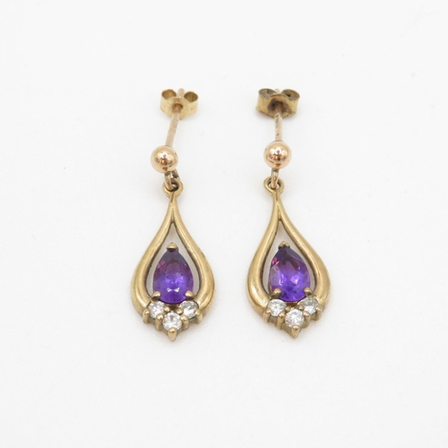 61 - 9ct gold amethyst & diamond drop earrings (2g)