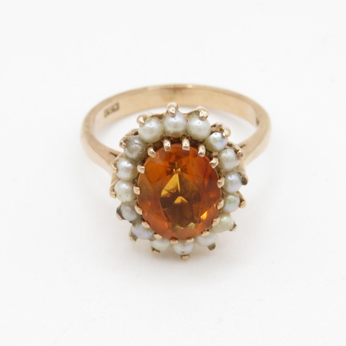 67 - 9ct gold citrine and split pearl halo set ring (4.6g) Size N 1/2