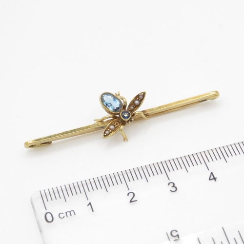 73 - 15ct gold antique sapphire, aquamarine & seed pearl fly bar brooch with a 9ct gold pin (3.1g)