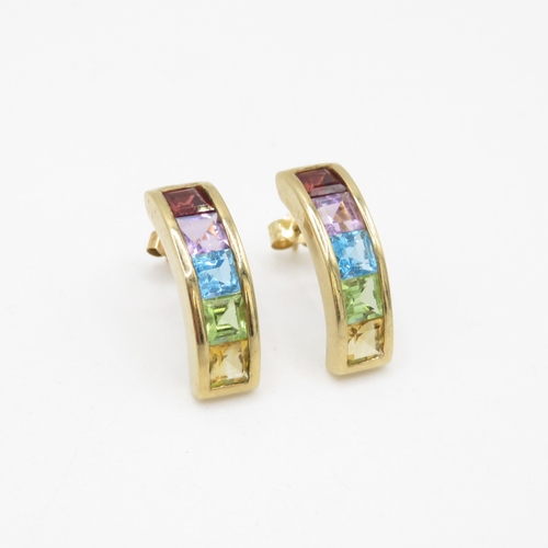 77 - 9ct gold multi-gemstone earrings, gemstones including: garnet, amethyst, topaz, peridot & citrine (3... 