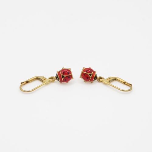 81 - 14ct gold ladybird enamel lever back earrings (2.1g)