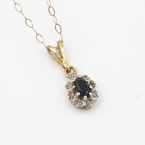 87 - 9ct gold sapphire and diamond pendant on chain (1.2g)