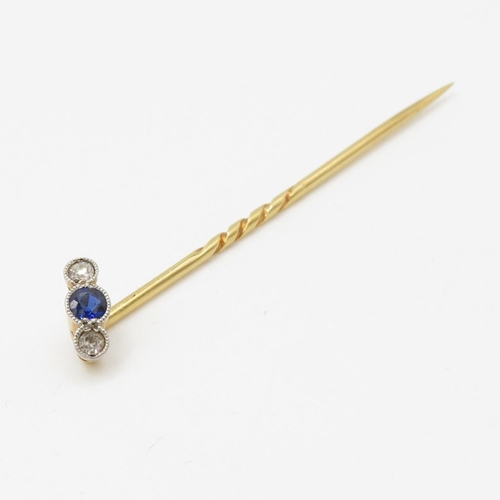 96 - 18ct gold antique sapphire & diamond milgrain set stick pin (2.3g)