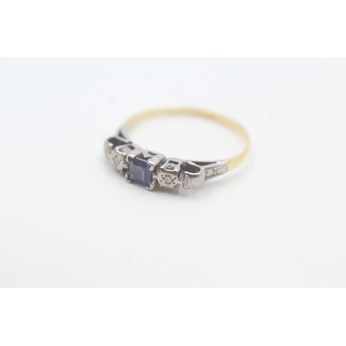 109 - 18ct gold square sapphire and diamond ring (1.4g) Size M 1/2