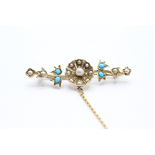 12 - 15ct gold Victorian turquoise & seed pearl floral brooch (5.1g)