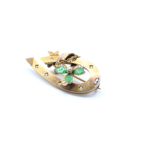 13 - 18ct gold antique diamond & enamel brooch (6.5g)