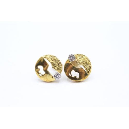 145 - 18ct gold diamond stud earrings with openwork elephant motif & 9ct backs (4.4g)