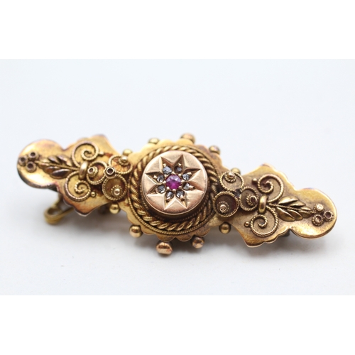 155 - 15ct gold antique ruby & diamond cluster patterned brooch with Chester hallmark (4.4g)