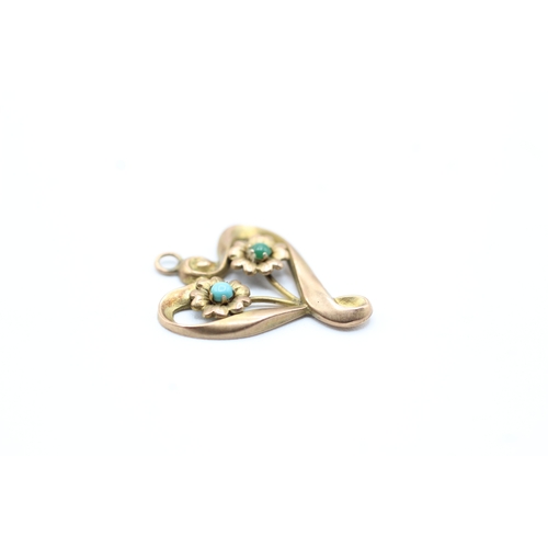 177 - 9ct gold antique turquoise floral charm (0.8g)