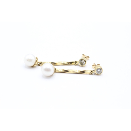 188 - 14ct gold diamond and cultured pearl drop earrings (4.1g)