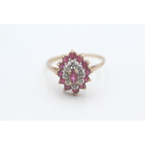 198 - 9ct gold ruby and diamond double halo marquis ring (2.3g) Size R