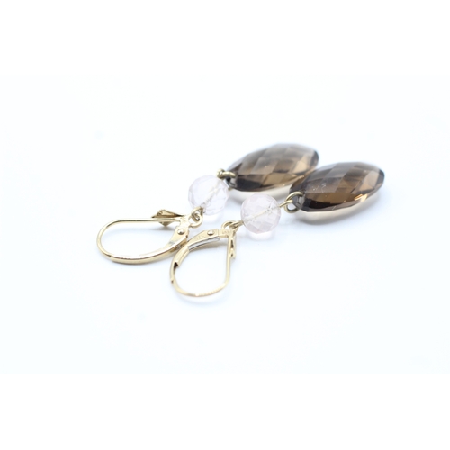 27 - 9ct gold smokey quartz & rose quartz drop earrings (3.4g)