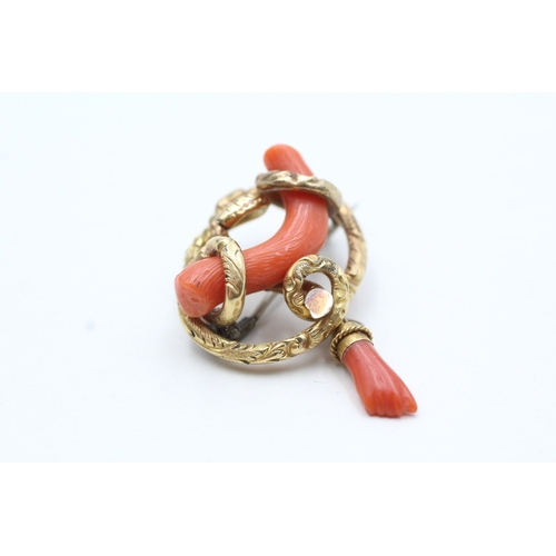 4 - 9ct gold antique coral figa drop brooch (8.1g)