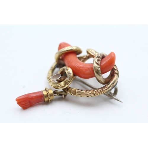 4 - 9ct gold antique coral figa drop brooch (8.1g)