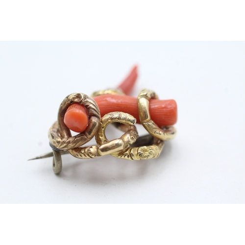 4 - 9ct gold antique coral figa drop brooch (8.1g)