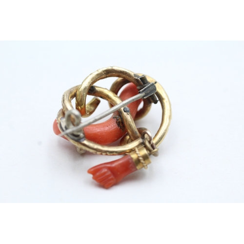 4 - 9ct gold antique coral figa drop brooch (8.1g)