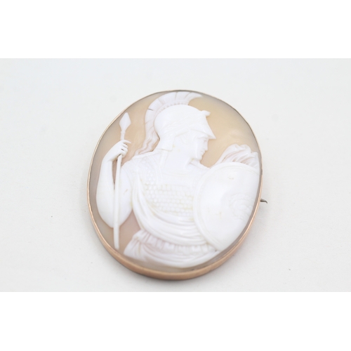 46 - 9ct gold antique achilles shell cameo brooch with signature (13.6g)