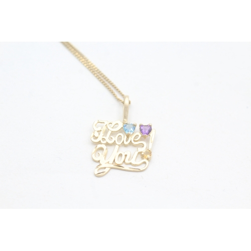 50 - 9ct gold amethyst, blue topaz, citrine love you pendant on chain (3.2g)