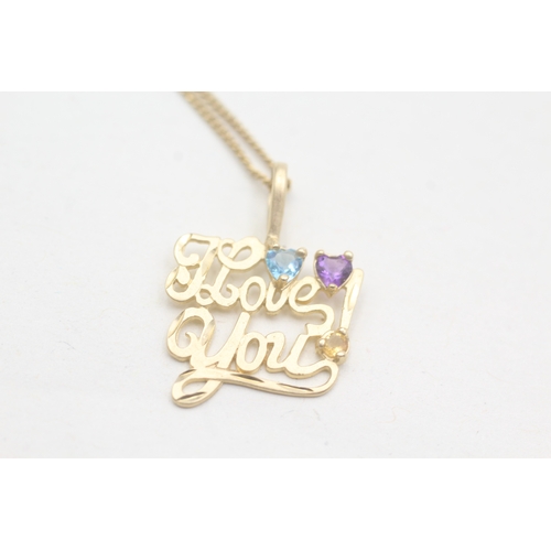 50 - 9ct gold amethyst, blue topaz, citrine love you pendant on chain (3.2g)