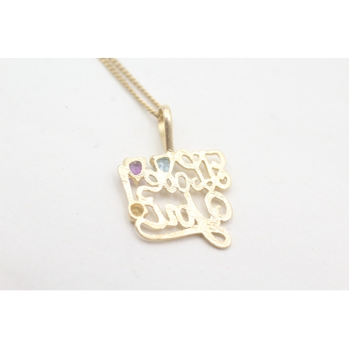 50 - 9ct gold amethyst, blue topaz, citrine love you pendant on chain (3.2g)