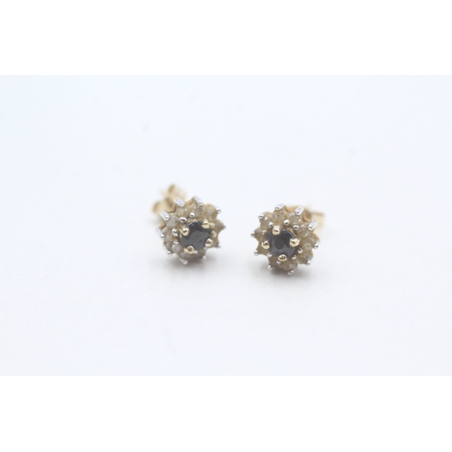 54 - 9ct gold sapphire and diamond flower cluster stud earrings (1g)