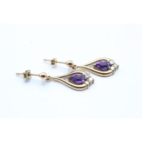 61 - 9ct gold amethyst & diamond drop earrings (2g)