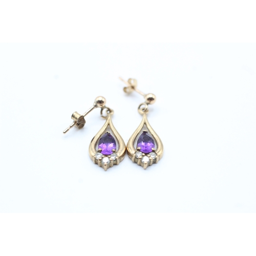 61 - 9ct gold amethyst & diamond drop earrings (2g)