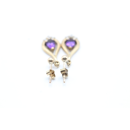 61 - 9ct gold amethyst & diamond drop earrings (2g)