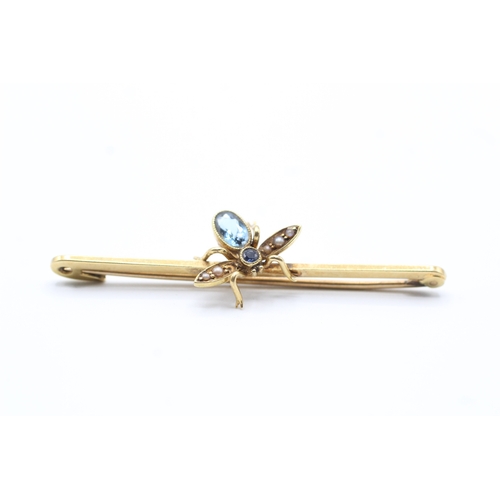 73 - 15ct gold antique sapphire, aquamarine & seed pearl fly bar brooch with a 9ct gold pin (3.1g)