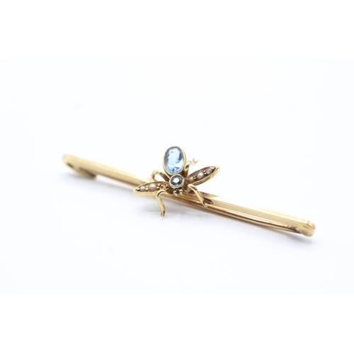 73 - 15ct gold antique sapphire, aquamarine & seed pearl fly bar brooch with a 9ct gold pin (3.1g)