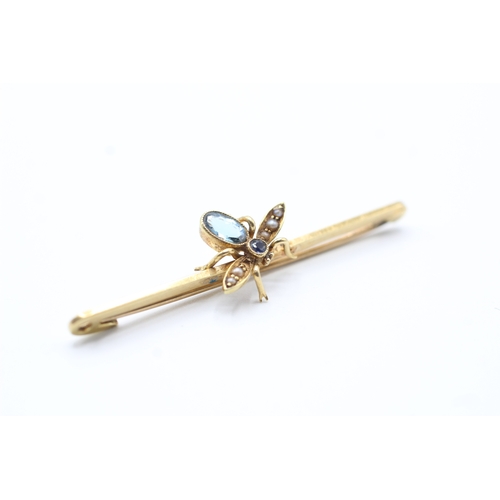 73 - 15ct gold antique sapphire, aquamarine & seed pearl fly bar brooch with a 9ct gold pin (3.1g)