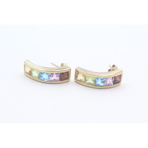 77 - 9ct gold multi-gemstone earrings, gemstones including: garnet, amethyst, topaz, peridot & citrine (3... 