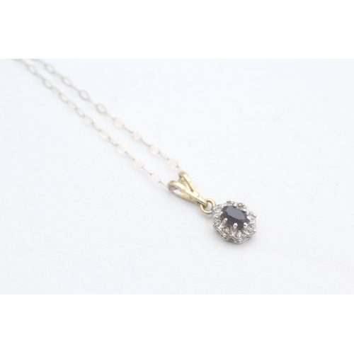 87 - 9ct gold sapphire and diamond pendant on chain (1.2g)