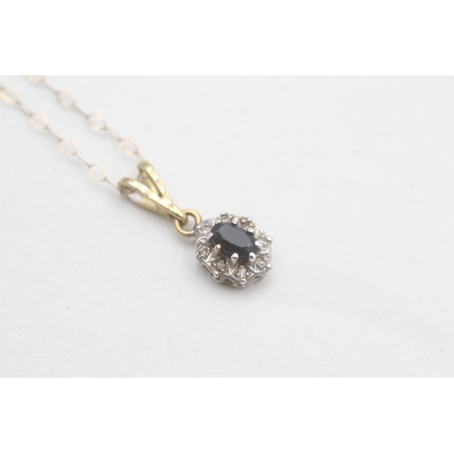 87 - 9ct gold sapphire and diamond pendant on chain (1.2g)