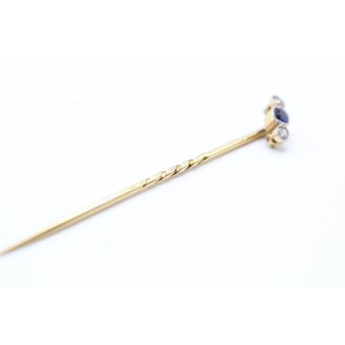 96 - 18ct gold antique sapphire & diamond milgrain set stick pin (2.3g)