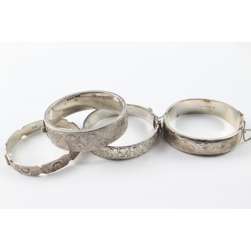 258 - Collection of Sterling Silver Bangles inc. Mid Century, Floral, Etched x 4 104g