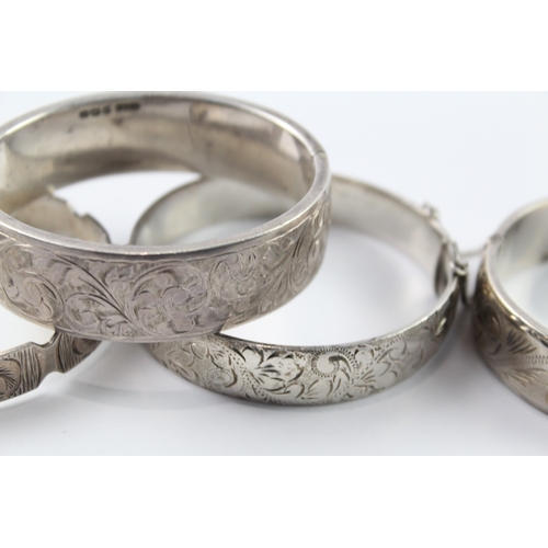 258 - Collection of Sterling Silver Bangles inc. Mid Century, Floral, Etched x 4 104g