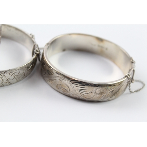 258 - Collection of Sterling Silver Bangles inc. Mid Century, Floral, Etched x 4 104g