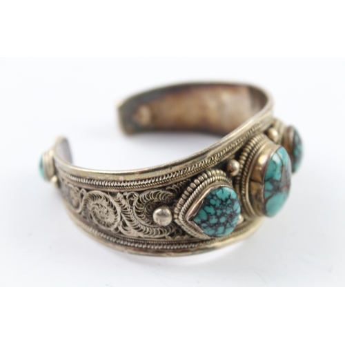 319 - Sterling Silver Turquoise Cuff Bangle w/ Filigree Detail 58g