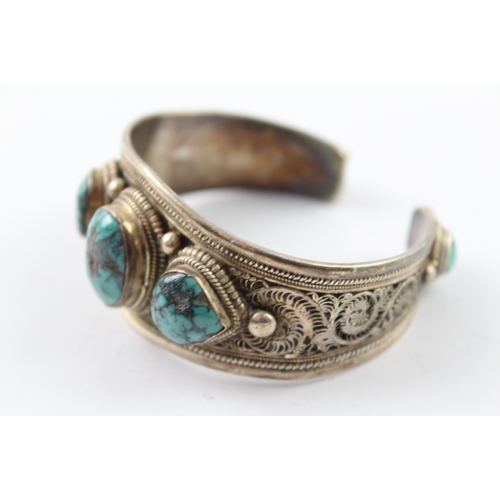 319 - Sterling Silver Turquoise Cuff Bangle w/ Filigree Detail 58g