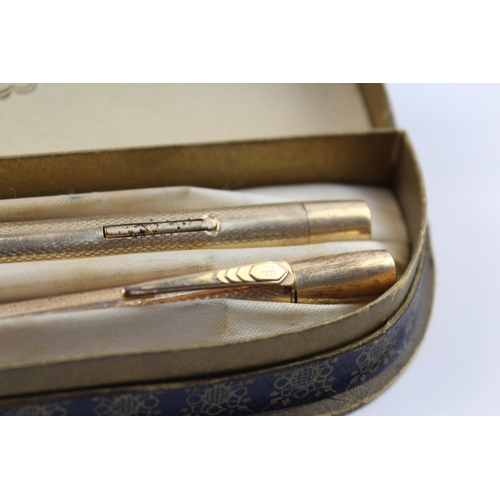 324 - Vintage De La Rue Onoto Gold Plated Fountain Pen w/ 14ct Gold Nib, Pencil, Box