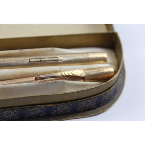 324 - Vintage De La Rue Onoto Gold Plated Fountain Pen w/ 14ct Gold Nib, Pencil, Box