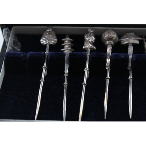 329 - 6 x Vintage Stamped .925 Japanese Sterling Silver Novelty Toothpicks Boxed (15g)