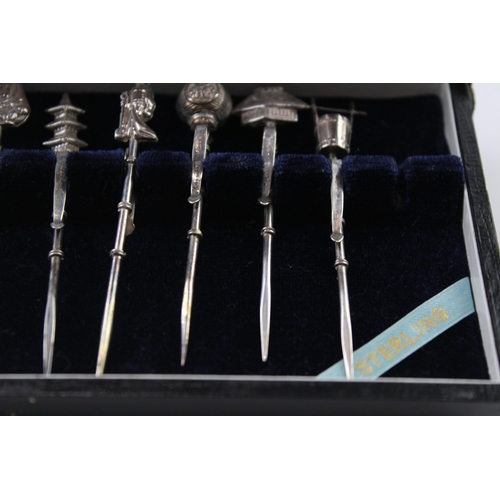 329 - 6 x Vintage Stamped .925 Japanese Sterling Silver Novelty Toothpicks Boxed (15g)