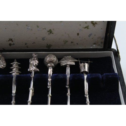 329 - 6 x Vintage Stamped .925 Japanese Sterling Silver Novelty Toothpicks Boxed (15g)