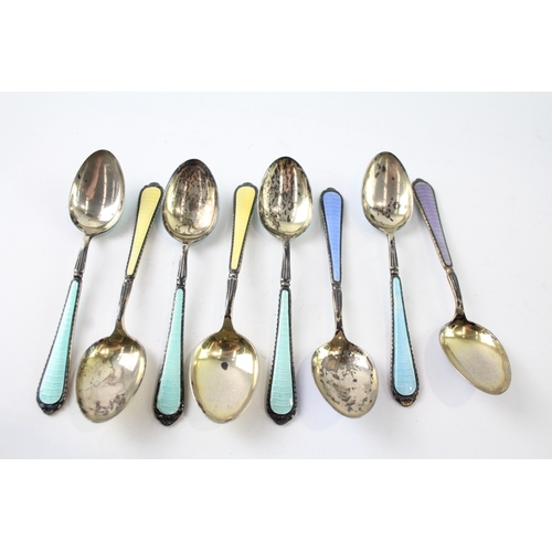 336 - 8 x Vintage Hallmarked .925 Sterling Silver Guilloche Enamel Teaspoons (109g)