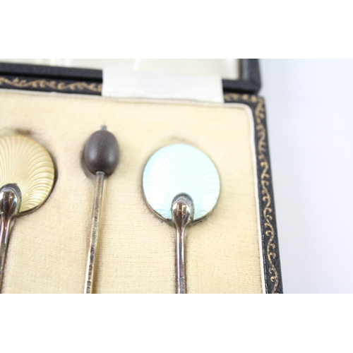 370 - 6 x Vintage 1955 Birmingham Sterling Silver Guilloche Enamel Coffee Spoons 48g