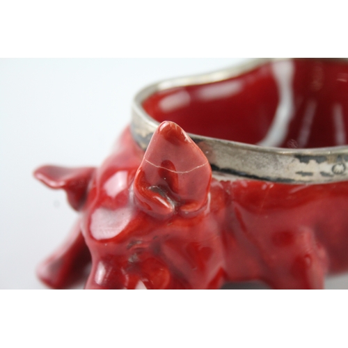 385 - Antique Royal Doulton Porcelain Flambre Rouge Red Pig w/ .925 Silver Banding