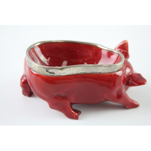 385 - Antique Royal Doulton Porcelain Flambre Rouge Red Pig w/ .925 Silver Banding